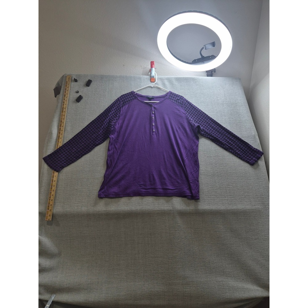 Chaps Denim Henley Top Women 2X Purple Gingham Raglan Sleeve Button Front Casual
